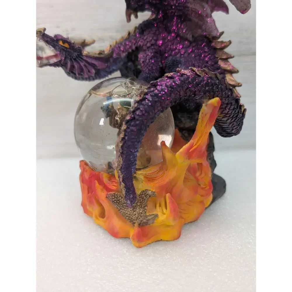 Purple Dragon Wizard Crystal Ball Resin Figurine Statue Fantasy Flames Glitter‎